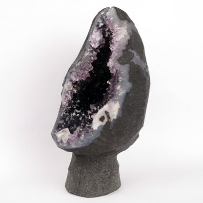 Sparkling Amethyst Geode Natural Mineral Specimen # B 4710  https://www.superbminerals.us/products/sparkling-amethyst-geode-natural-mineral-specimen-b-4710  Features: A very large plate of lustrous, large deep-purple Amethyst crystals with two clusters (one large and one smaller) of highly translucent, colorless, intergrown parallel “nailhead spar” crystals emanating from the center of the plate of Amethyst. It is incredible! Amazing color, luster, symmetry 