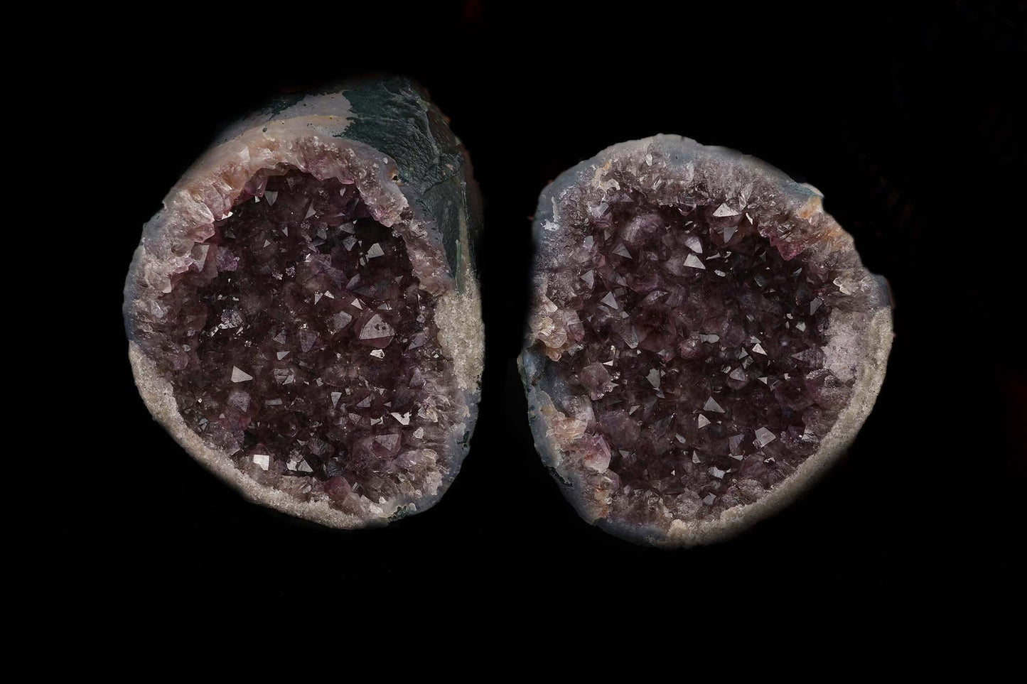 Sparkling Amethyst Two Halves Natural Mineral Specimen # B 5221  https://www.superbminerals.us/products/sparkling-amethyst-two-halves-natural-mineral-specimen-b-5221  Features: This essay highlights the importance of never judging a book by its cover. When you look at these two halves together, it's plain and unappealing. Even unappealing. It's a breathtaking contrast to see the sparkling, purple Amethyst crystals lining the entire chamber on both half as it splits apart!
