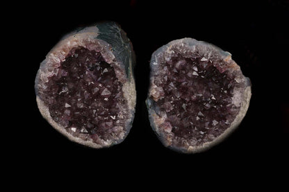 Sparkling Amethyst Two Halves Natural Mineral Specimen # B 5221  https://www.superbminerals.us/products/sparkling-amethyst-two-halves-natural-mineral-specimen-b-5221  Features: This essay highlights the importance of never judging a book by its cover. When you look at these two halves together, it's plain and unappealing. Even unappealing. It's a breathtaking contrast to see the sparkling, purple Amethyst crystals lining the entire chamber on both half as it splits apart!