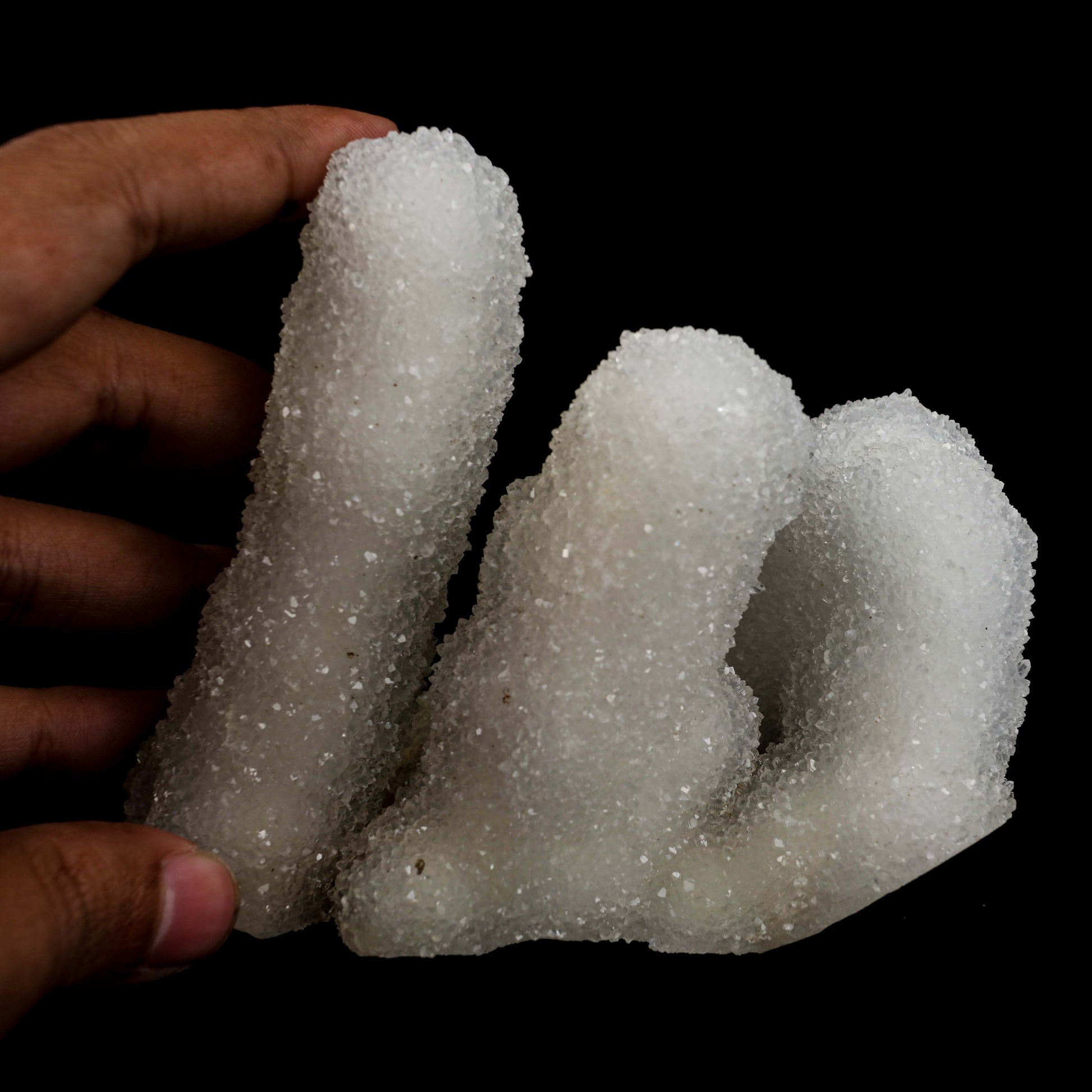 Sprakling MM Quartz Coral Formation Natural Mineral Specimen # B 4990  https://www.superbminerals.us/products/sprakling-mm-quartz-coral-formation-natural-mineral-specimen-b-4990  Features:&nbsp;The specimen is made up of drusy milky Quartz that has pseudomorphed following scalenohedral Calcite crystals.The item is crystallised nearly all the way around, with no matrix and only a few small points of attachment, and is thus on the verge of becoming a complete "floater."
