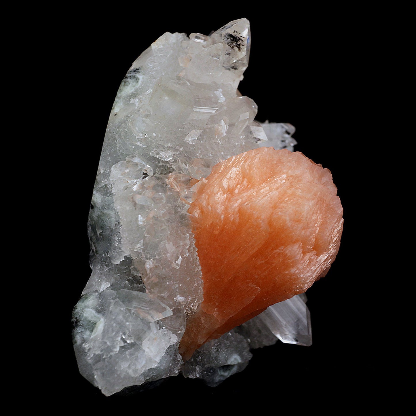 Stilbite Cluster on Gemmy Apophyllite With MM Quartz Natural Mineral S…  https://www.superbminerals.us/products/stilbite-cluster-on-gemmy-apophyllite-natural-mineral-specimen-b-4081  Features:Classic combination specimen from the basalt trap rock quarries of India featuring a Apophyllite crystal cluster with a Stilbite. While common in general, this is really a special piece - more beautiful and sparkly than most. The Apophyllite is glassy, transparent to translucent and composed of several