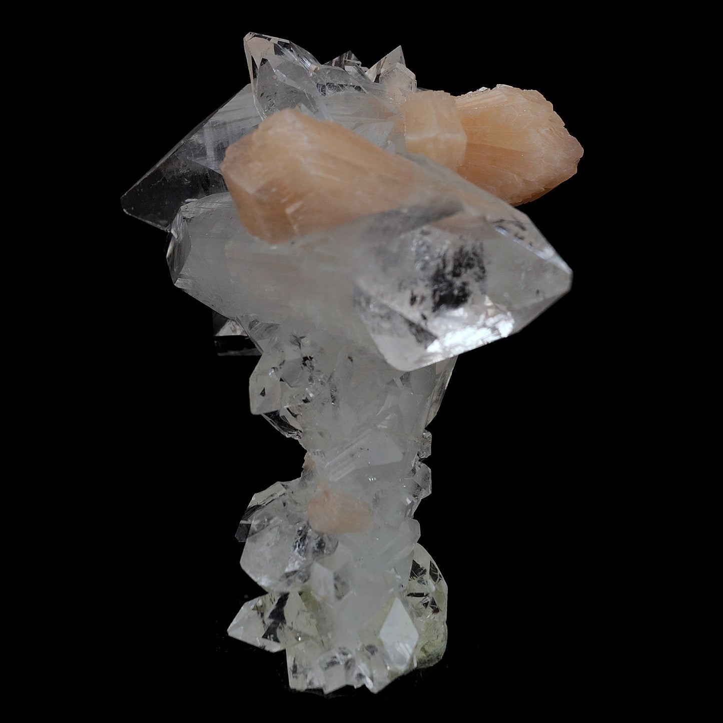 Stilbite Crystals Fused with Pointed Apophyllite Crystals Natural Mine…  https://www.superbminerals.us/products/stilbite-crystals-fused-with-pointed-apophyllite-crystals-natural-mineral-specimen-b-4077  Features:Very fine classic Apophyllite and Stilbite piece out of from Jalgaon District, Maharashtra, India.– the Apophyllite crystals are clear, gemmy and perfectly terminated and the Stilbite