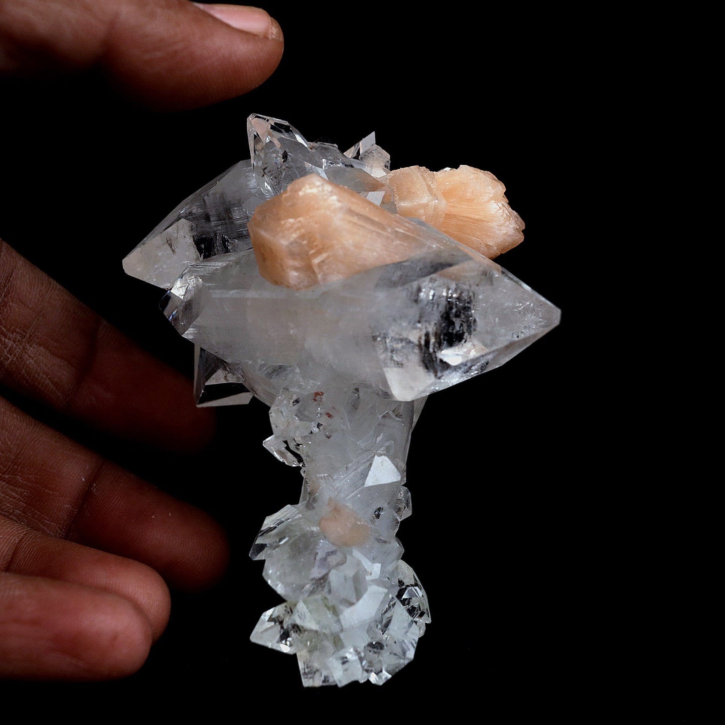Stilbite Crystals Fused with Pointed Apophyllite Crystals Natural Mine…  https://www.superbminerals.us/products/stilbite-crystals-fused-with-pointed-apophyllite-crystals-natural-mineral-specimen-b-4077  Features:Very fine classic Apophyllite and Stilbite piece out of from Jalgaon District, Maharashtra, India.– the Apophyllite crystals are clear, gemmy and perfectly terminated and the Stilbite