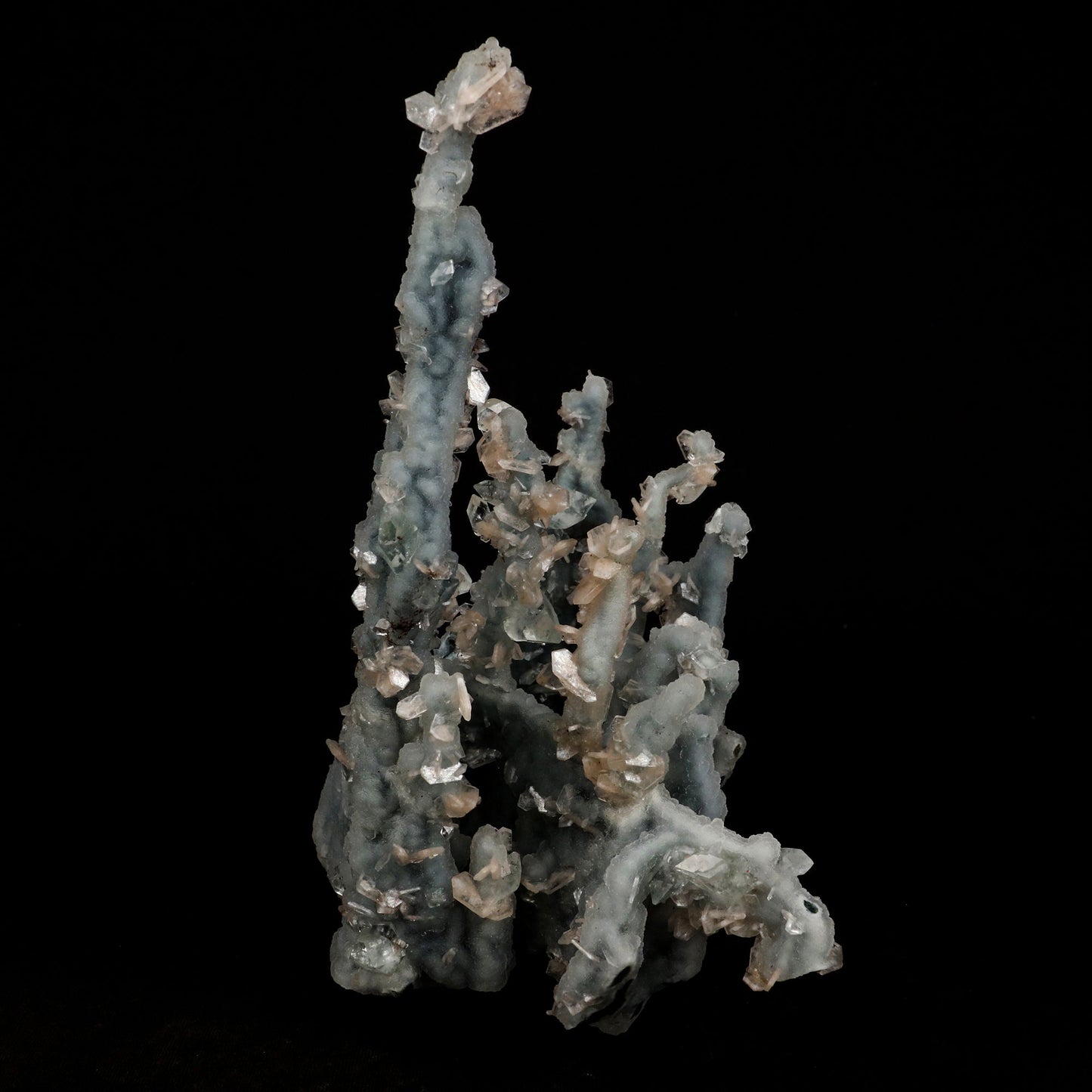 Stilbite Crystals on Chalcedony Coral Formation Natural Mineral Specim…  https://www.superbminerals.us/products/stilbite-crystals-on-chalcedony-coral-formation-natural-mineral-specimen-b-5319  Features: Unusual Stilbite from India, exhibiting a transparent, beige crystal with a pearly sheen sitting atop an off-white stalactitic Chalcedony cluster in an aesthetically pleasing display. A one-of-a-kind item in superb condition. Primary Mineral(s):&nbsp;Chalcedony Secondary Mineral(s):&nbsp;Stilbite