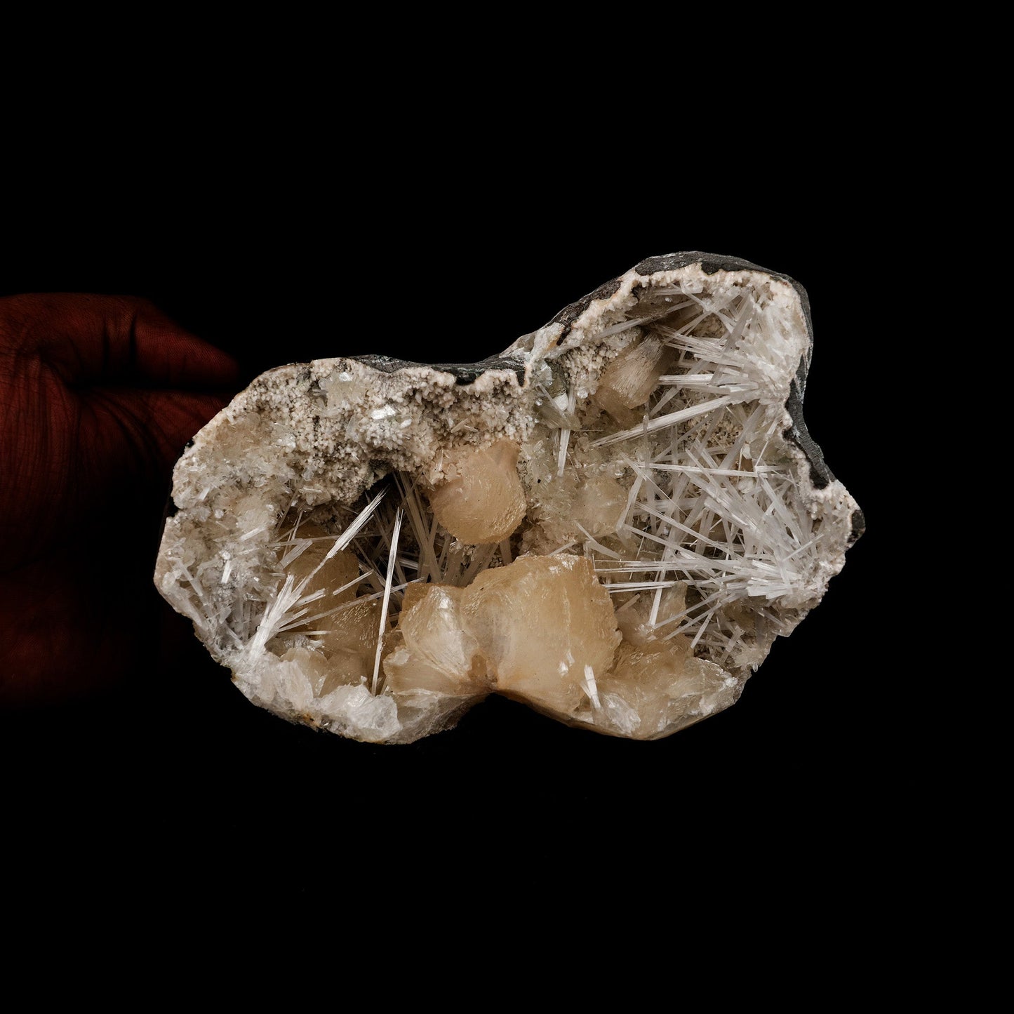 Stilbite Crystals with Scolecite on Heulandite Natural Mineral Specime…  https://www.superbminerals.us/products/stilbite-crystals-with-scolecite-on-heulandite-natural-mineral-specimen-b-5262  Features: Throughout a large geode, Scholecite crystals are interspersed with beige Heulandite crystals. Scolecite crystal sprays are glossy, colourless, highly translucent, and needle-like in shape. Each crystal creation is like a work of art itself. Primary Mineral(s): Stilbite Secondary Mineral(s): Scolecite
