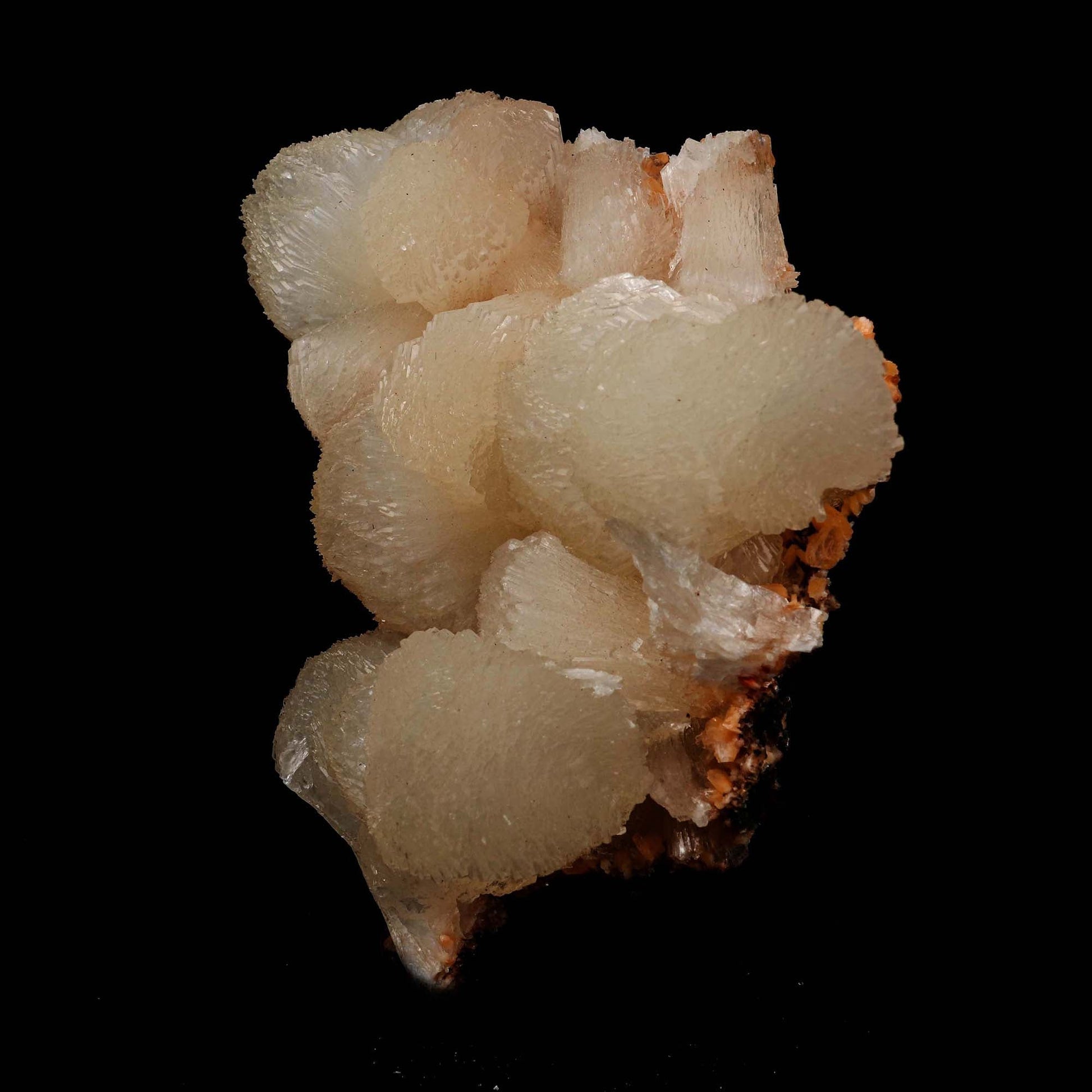 Stilbite Lusterous Cluster Natural Mineral Specimen # B 5185  https://www.superbminerals.us/products/stilbite-lusterous-cluster-natural-mineral-specimen-b-5185  Features: Featuring many excellent quality bladed groups of Stilbite in a soft white hue, resting over pearly stalactitic formations of peach colored Heulandite, this piece is a stunning example of the material. The sculpture is really flashy and three-dimensional, and I particularly like how the Stilbites 
