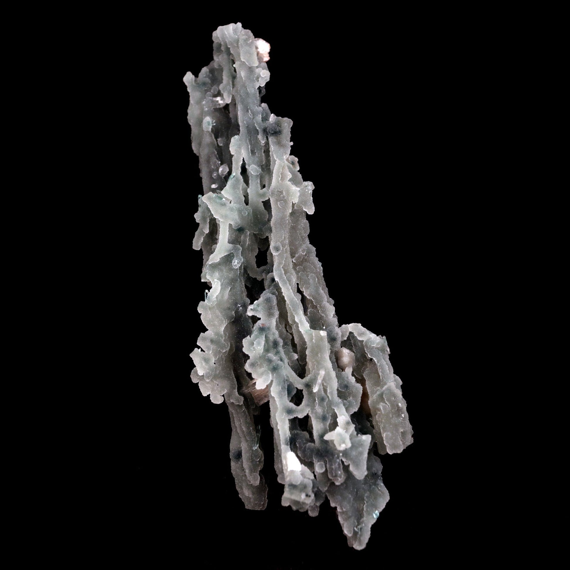 Stilbite on Chalcedony Coral Natural Mineral Specimen # B 4827  https://www.superbminerals.us/products/stilbite-on-chalcedony-coral-natural-mineral-specimen-b-4827  Features: Stalactites of drusy greenish-gray chalcedony dangle from a stunning corsage of iridescent, salmon-pink stilbite bowties. The matrix is highly sculptural.With only a few touched stalactite tips, this piece is essentially flawless and looks great from all angles!Outstanding huge Jalgaon combo