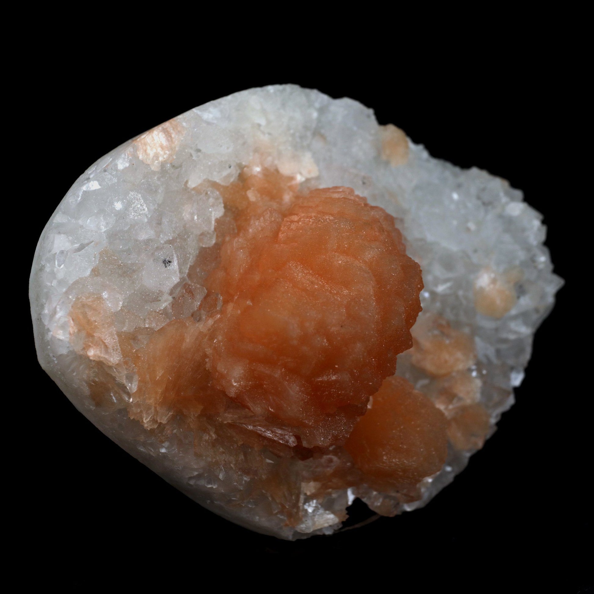 Stilbite Orange on Apophyllite Microcrystaline Natural Mineral Specime…  https://www.superbminerals.us/products/stilbite-orange-on-apophyllite-microcrystaline-natural-mineral-specimen-b-4682  Features: A magnificent, razor-sharp, vitreous, soft peach-colored "sword"-shaped group of Stilbite is flaring out of a group of fine quality, razor-sharp, lustrous, prismatic Apophyllite crystals on a little quantity of white Chalcedony in this eye-catching three-dimensional display piece. The most massive Apophyllite