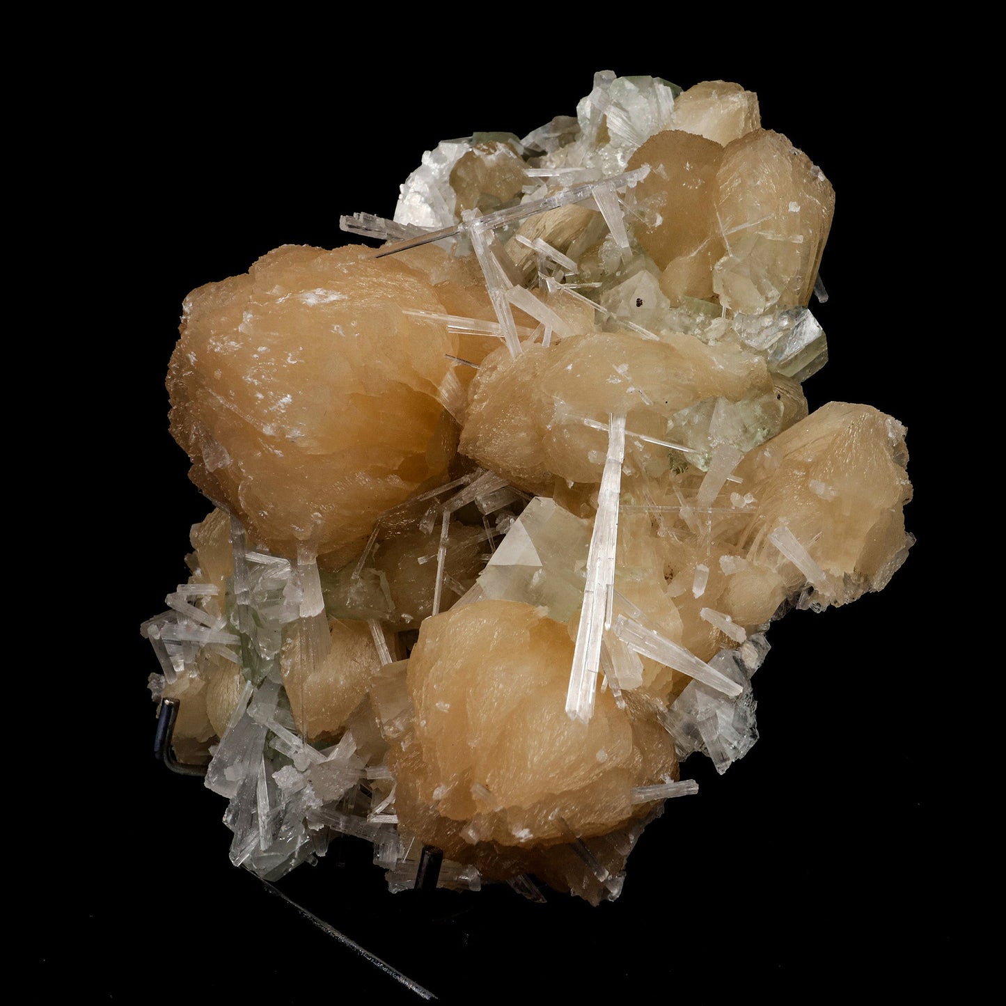 Stilbite with Scoecite Spray Apophyllite Natural Mineral Specimen # B…  https://www.superbminerals.us/products/stilbite-with-scoecite-spray-apophyllite-natural-mineral-specimen-b-5232  Features: A very aesthetic combination piece featuring numerous large, lustrous green modified cubes on a dark-brown matrix hosting numerous acicular sprays of colorless to white, satiny Scolecite. Primary Mineral(s): StilbiteSecondary Mineral(s): Apophyllite, ScoleciteMatrix: N/A 7 Inch x 6 InchWeight : 1410