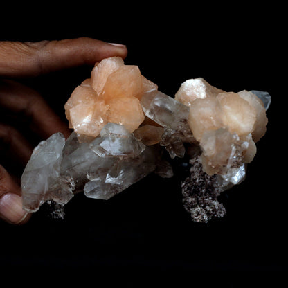 Terminated Stilbite with Apophyllite Natural Mineral Specimen # B 480…  https://www.superbminerals.us/products/terminated-stilbite-with-apophyllite-natural-mineral-specimen-b-4802  Features: Beautiful, classic salmon-pink, iridescent, translucent stilbite blades form a dramatic and sculptural huge two-sided specimen from Jalgaon, with sprakling Apophyllite crystals.The huge doubly ended bowtie on the back is eye-catching. The wormy, green celadonite-infused chalcedony matrix 